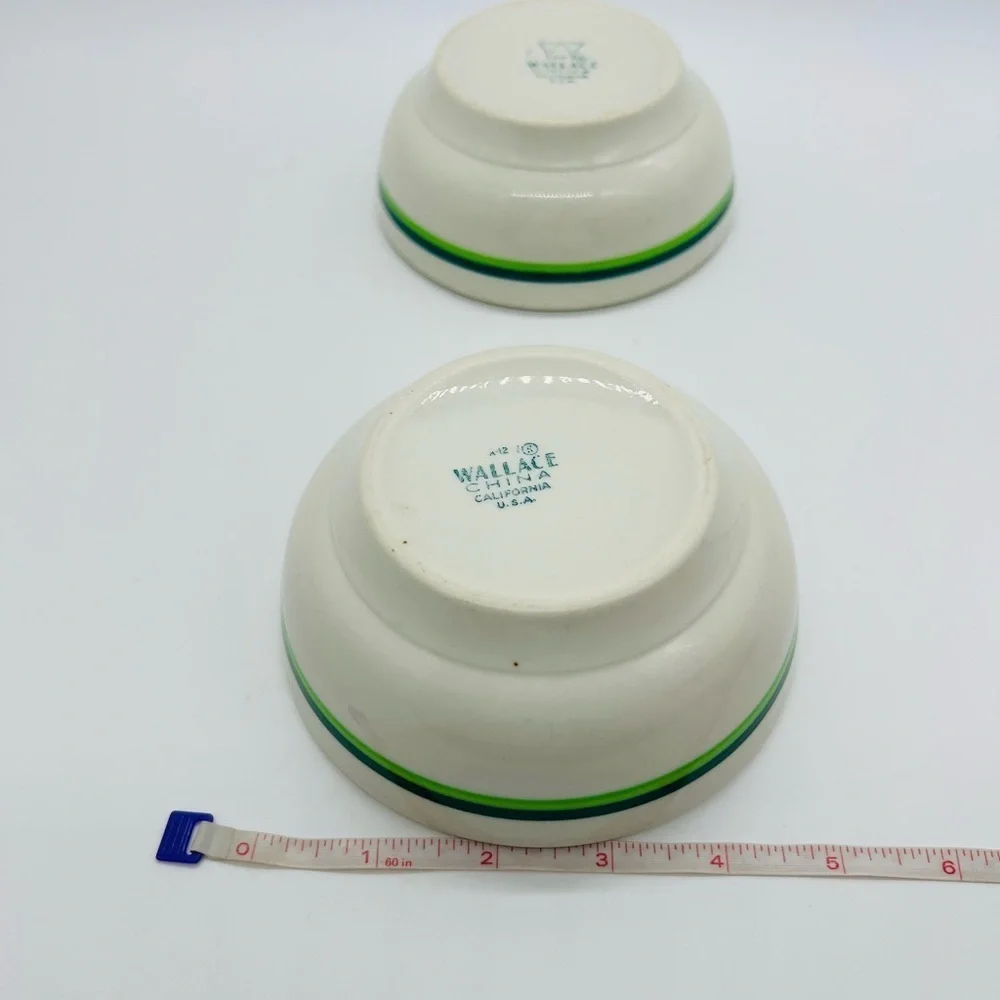 Wallace China California U.S.A. Striped Set of 2 Ceramic Bowls - Green and Blue